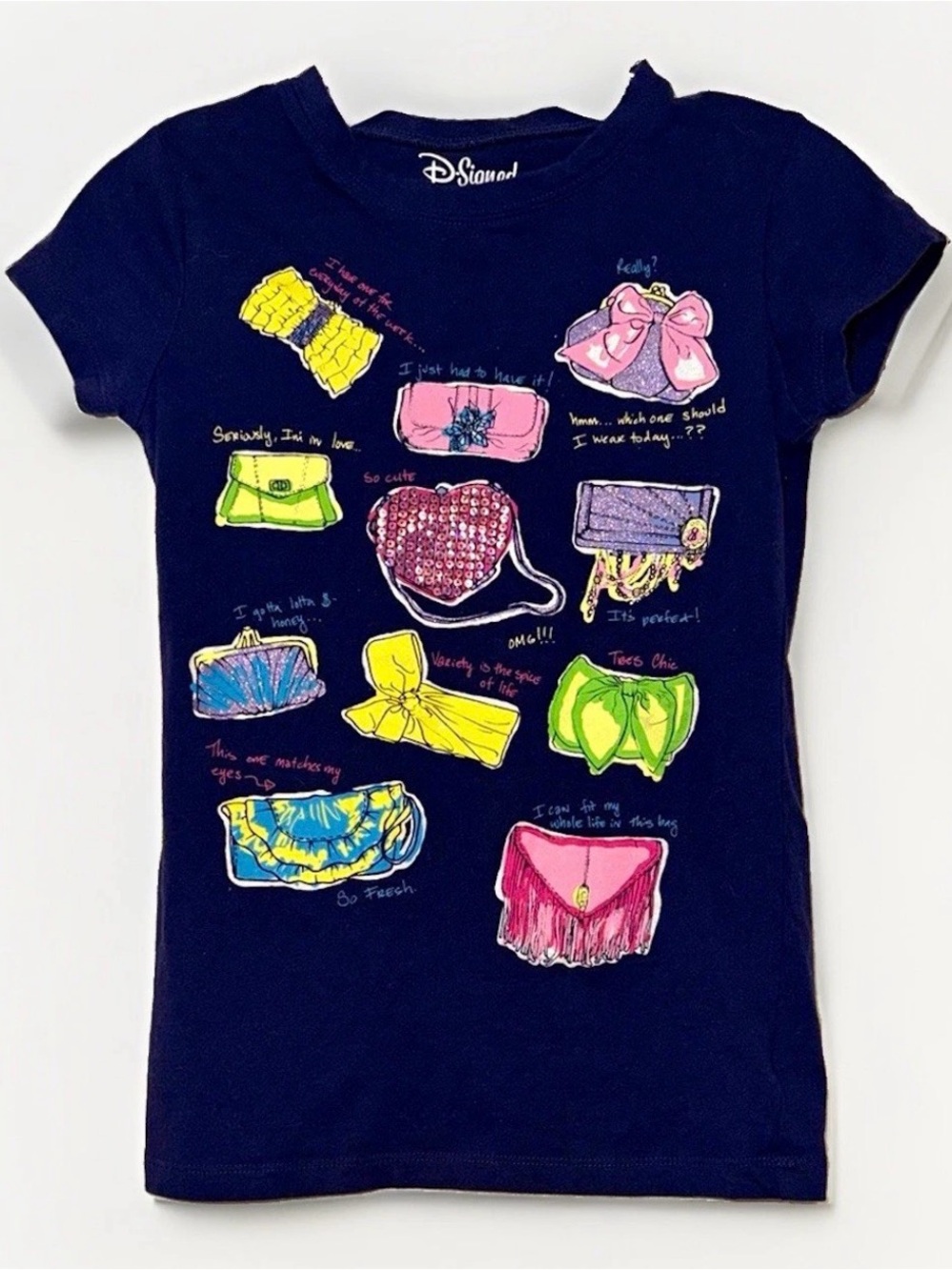 Rare D-Signed Disney Girls Sz L Navy Graphic Princess Purse Short Sleeve T-Shirt